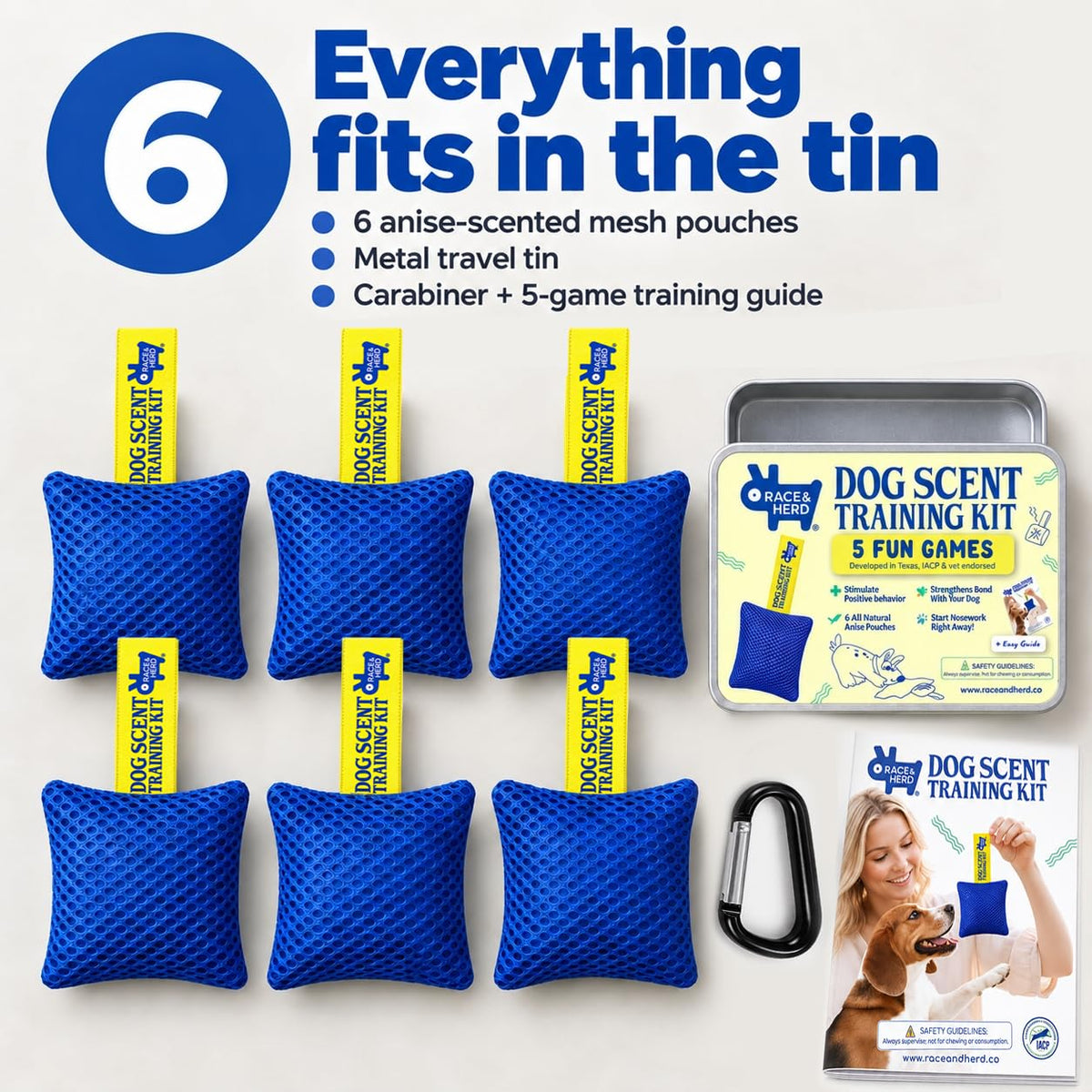 Original Dog Scent Training Kit — 6 Pcs Pouches Nosework Set (Blue, Tin)