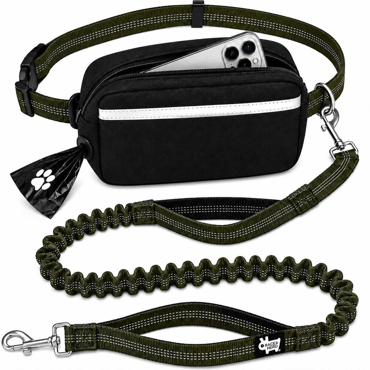 Dog Running Leash Hands Free — 68" Bungee Waist Belt (Olive)