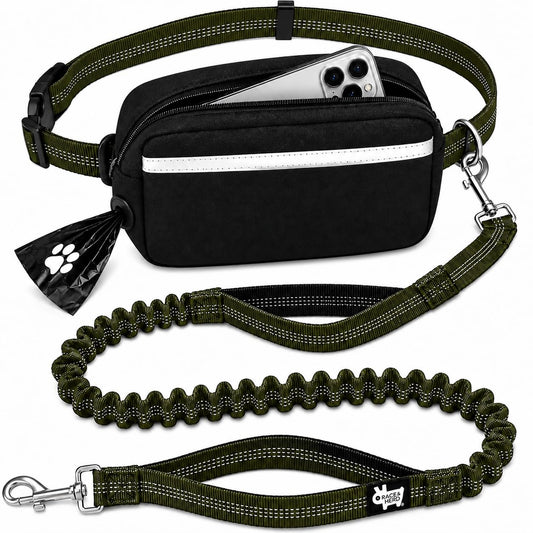 Dog Running Leash Hands Free — 68" Bungee Waist Belt (Olive)