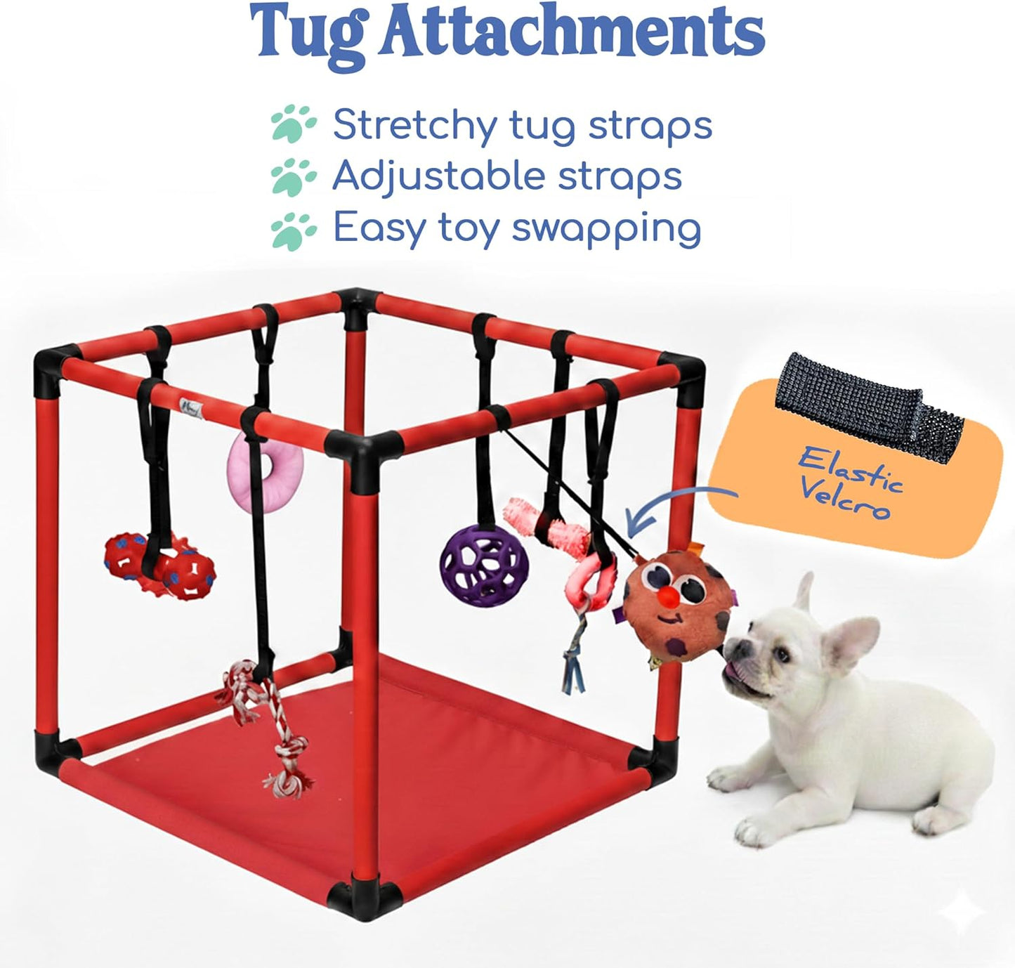 Puppy Play Gym  |  Dog Play Mat, 8 Bungee Straps - Red