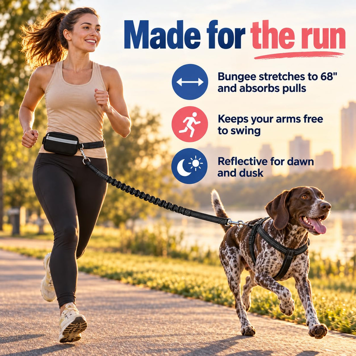 Dog Running Leash Hands Free — 68" Bungee Waist Belt (Onyx)
