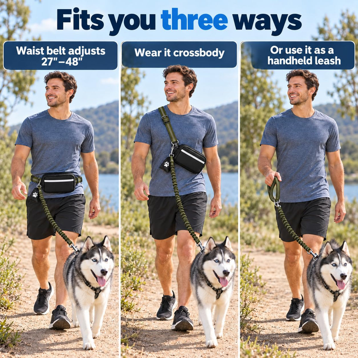 Dog Running Leash Hands Free — 68" Bungee Waist Belt (Olive)
