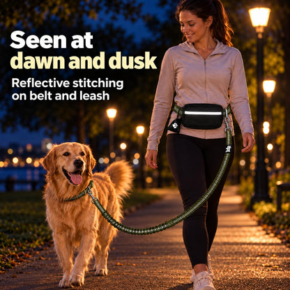 Dog Running Leash Hands Free — 68" Bungee Waist Belt (Olive)