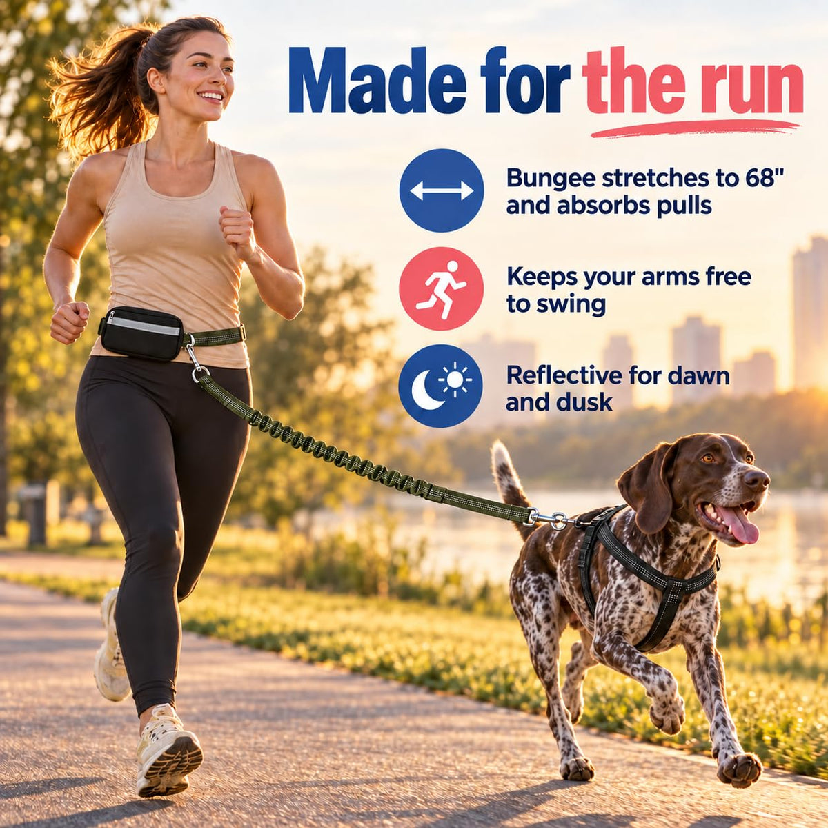 Dog Running Leash Hands Free — 68" Bungee Waist Belt (Olive)