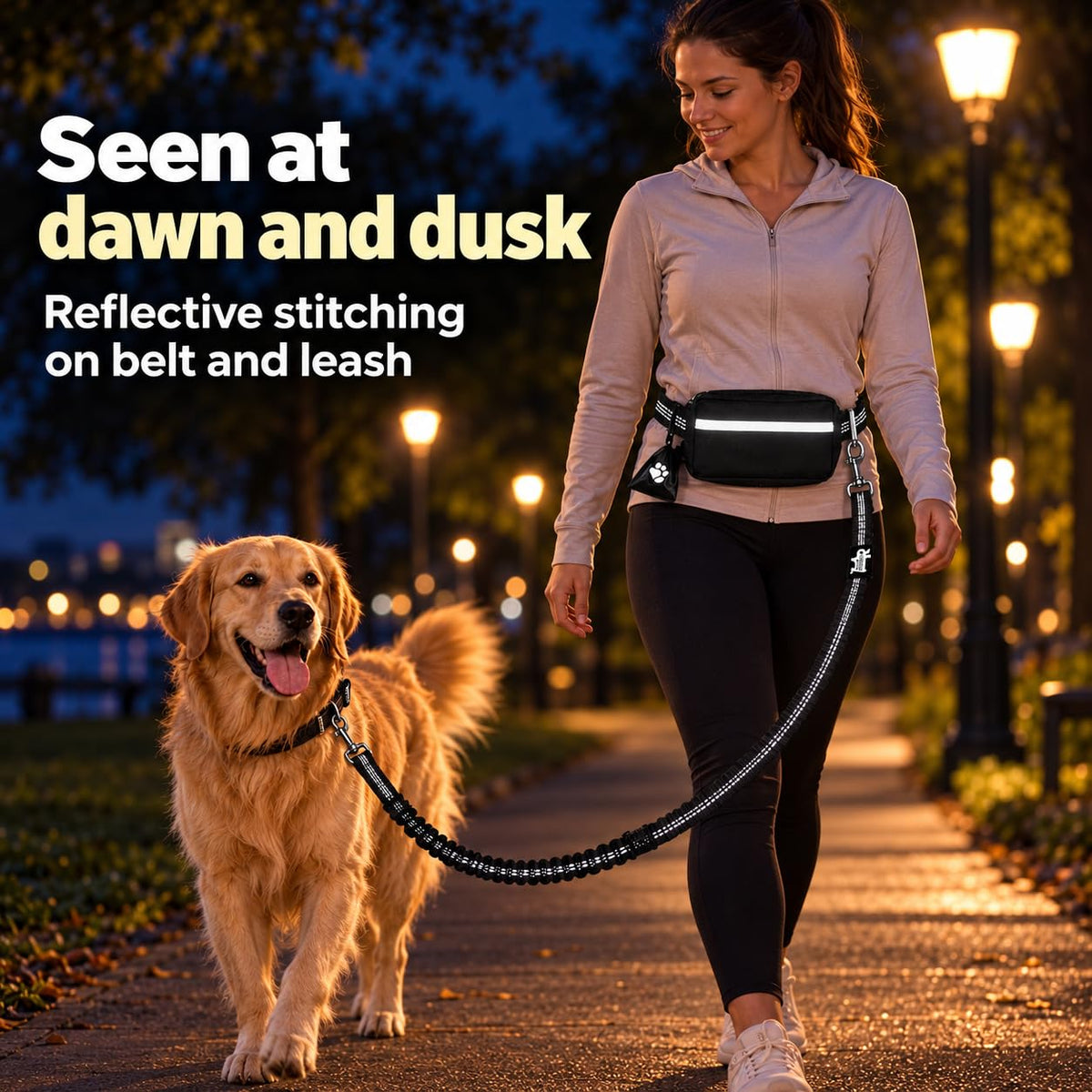 Dog Running Leash Hands Free — 68" Bungee Waist Belt (Onyx)