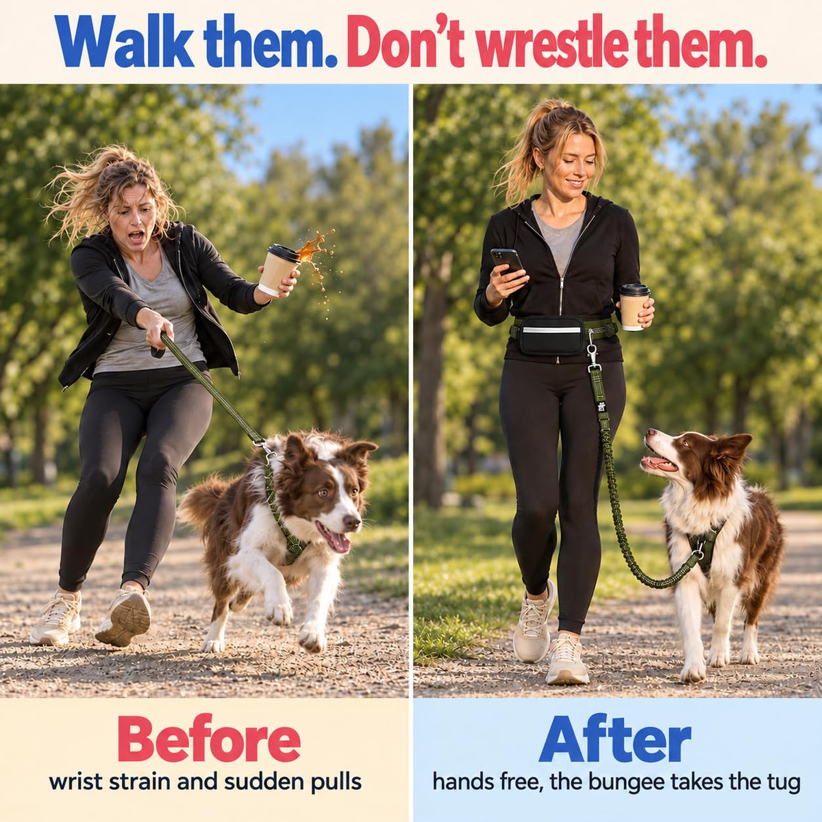 Dog Running Leash Hands Free — 68" Bungee Waist Belt (Olive)