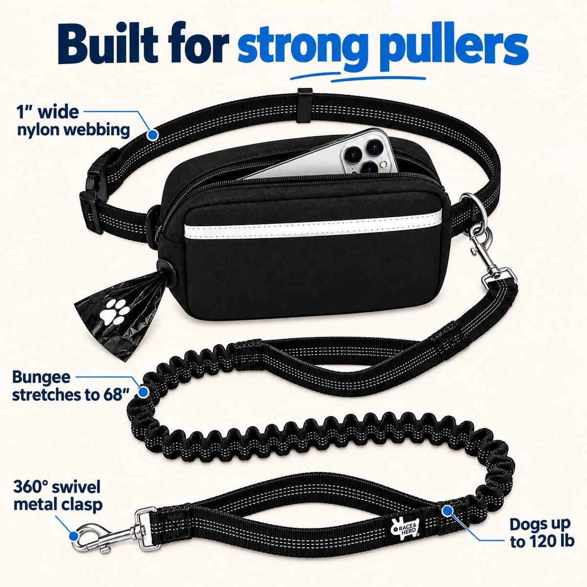 Dog Running Leash Hands Free — 68" Bungee Waist Belt (Onyx)
