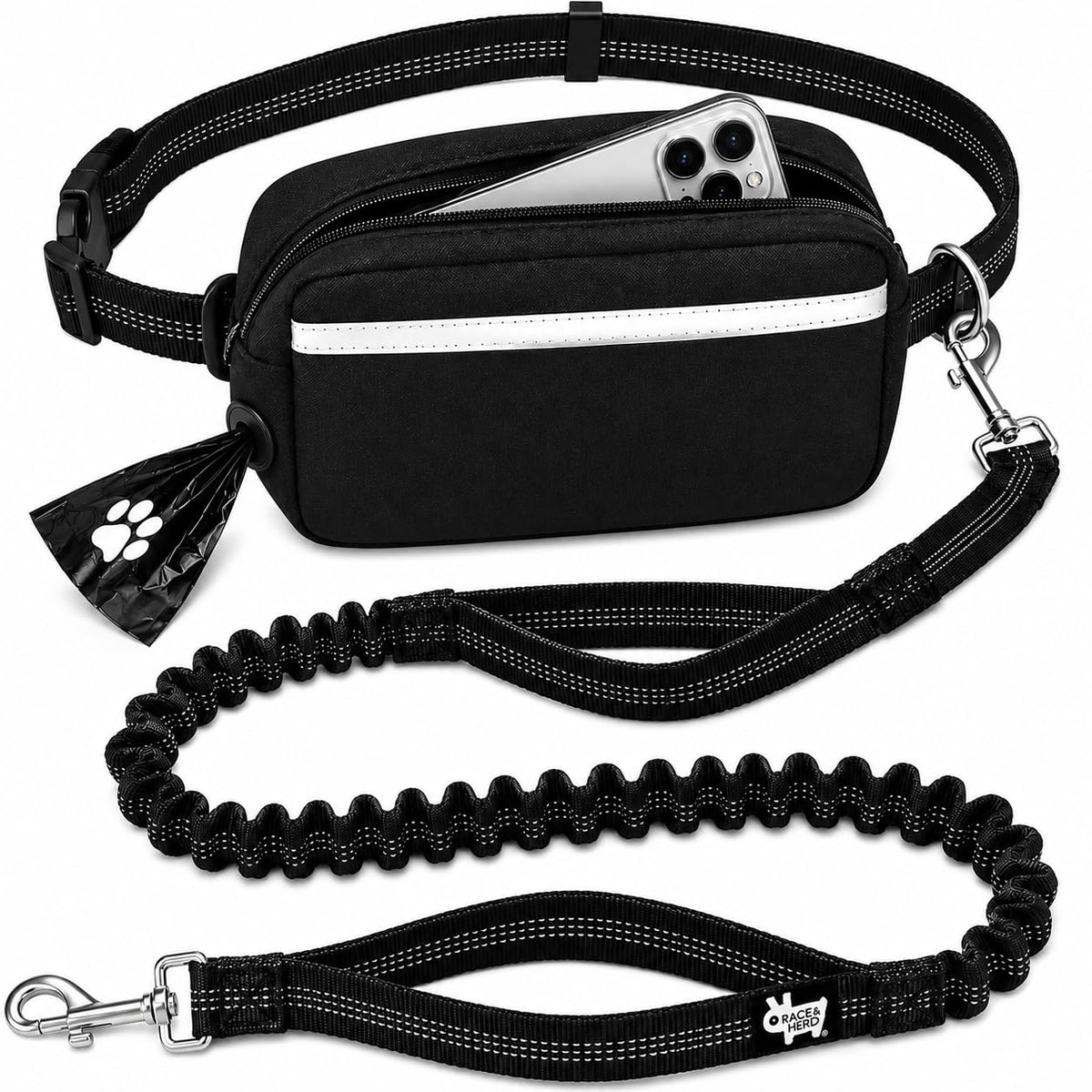 Dog Running Leash Hands Free — 68" Bungee Waist Belt (Onyx)
