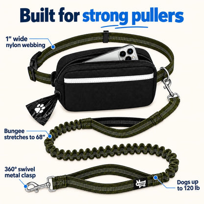 Dog Running Leash Hands Free — 68" Bungee Waist Belt (Olive)