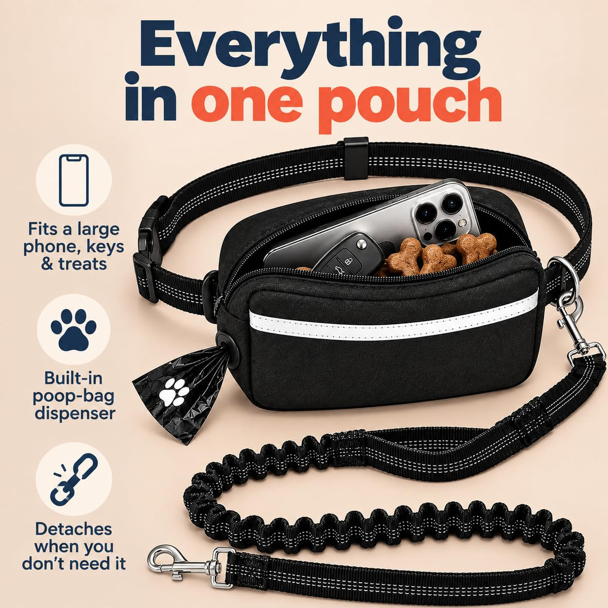 Dog Running Leash Hands Free — 68" Bungee Waist Belt (Onyx)