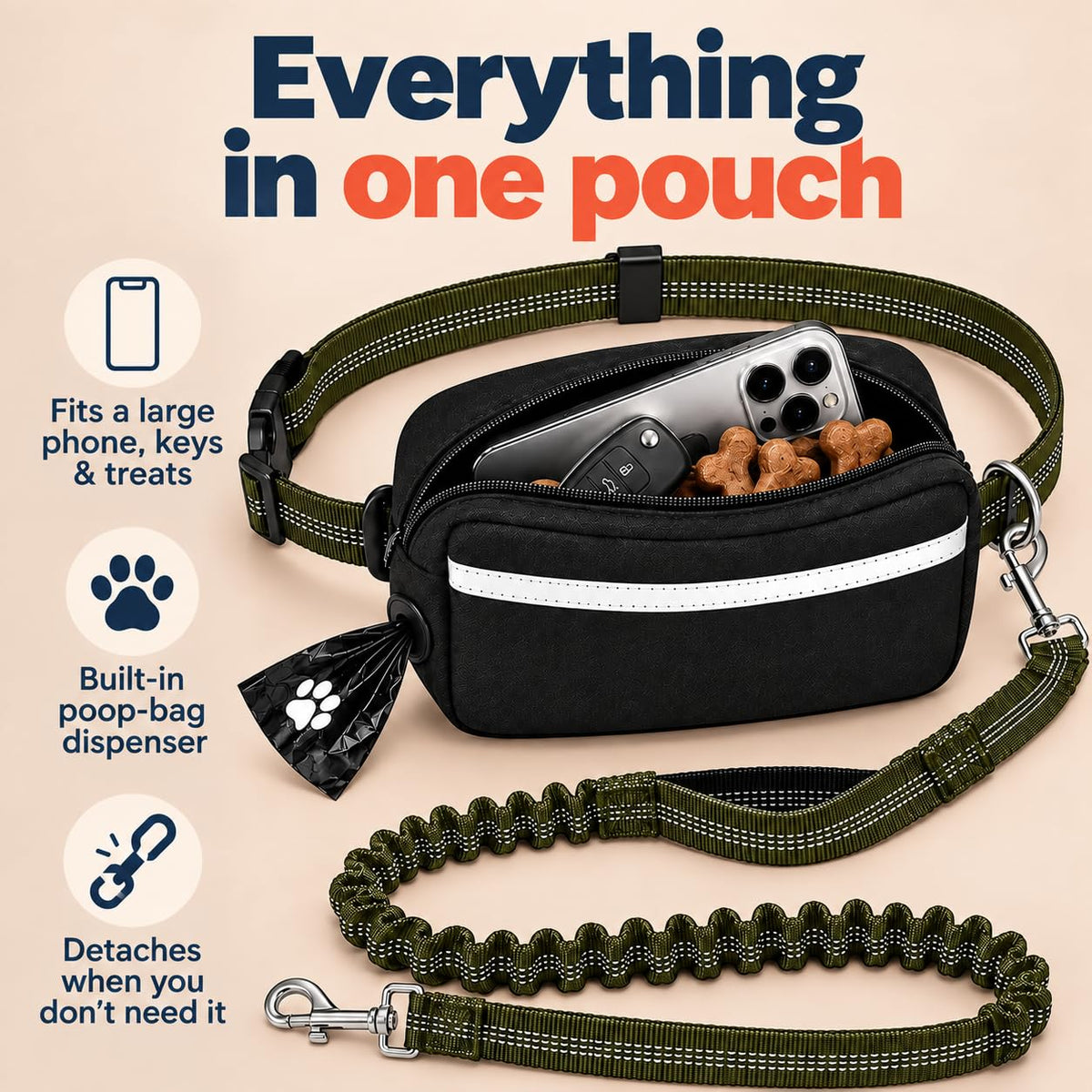 Dog Running Leash Hands Free — 68" Bungee Waist Belt (Olive)
