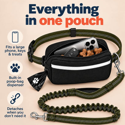 Dog Running Leash Hands Free — 68" Bungee Waist Belt (Olive)