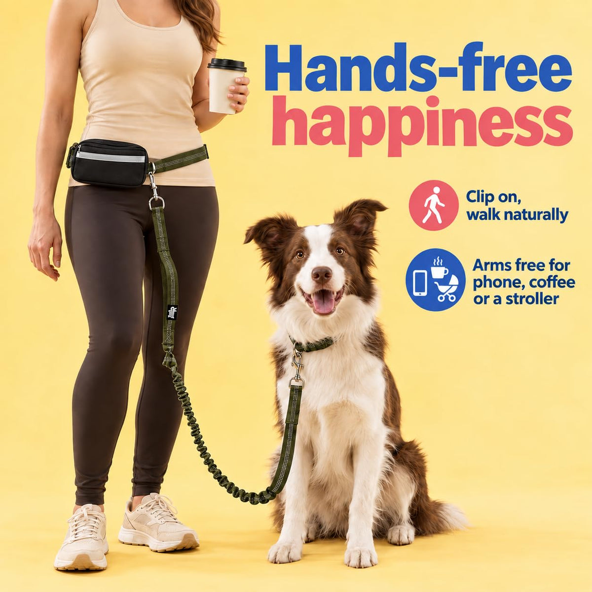 Dog Running Leash Hands Free — 68" Bungee Waist Belt (Olive)