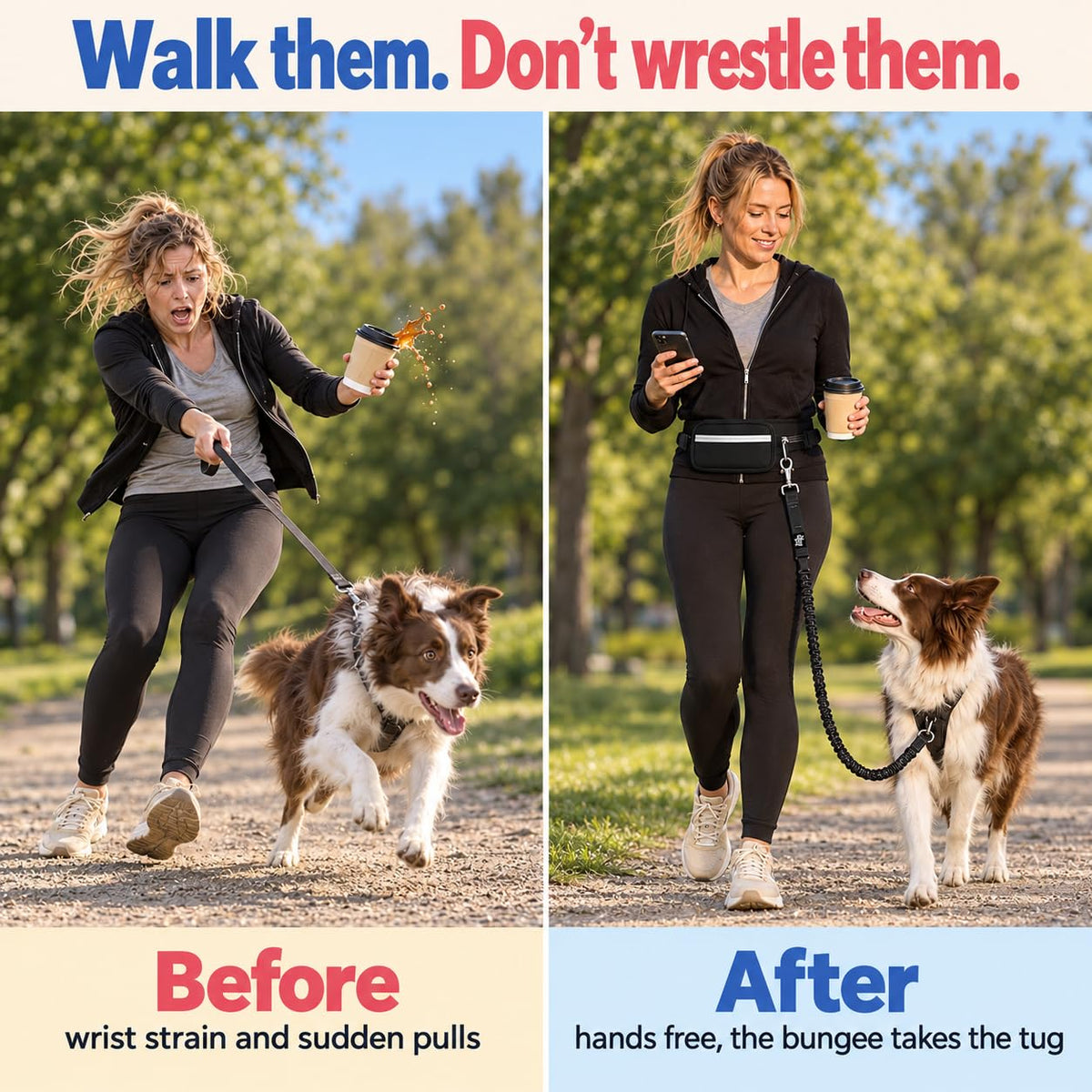 Dog Running Leash Hands Free — 68" Bungee Waist Belt (Onyx)