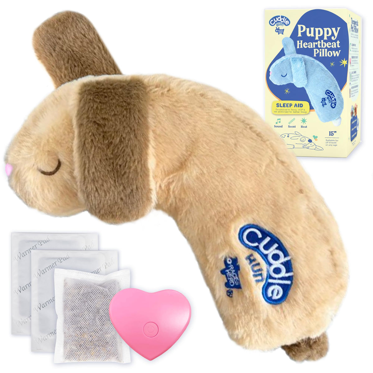 CuddleBun Heartbeat Puppy Toy Sleep Aid — Cuddler Pillow (Beige)