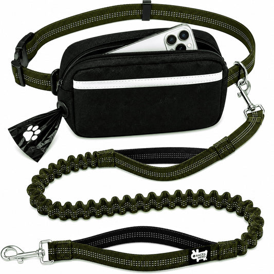 Dog Running Leash Hands Free — 68" Bungee Waist Belt (Olive)