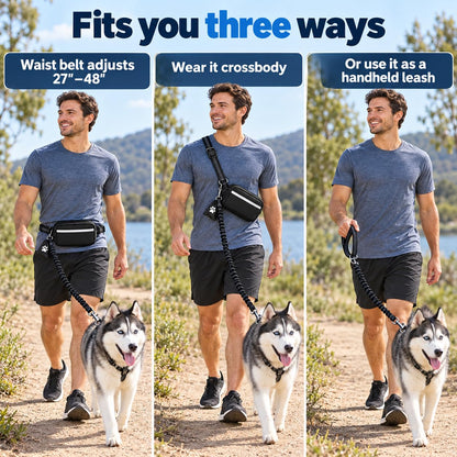 Dog Running Leash Hands Free — 68" Bungee Waist Belt (Onyx)