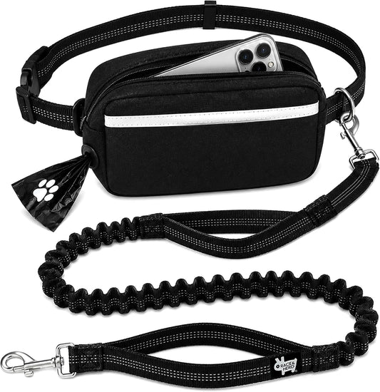 Dog Running Leash Hands Free — 68" Bungee Waist Belt (Onyx)